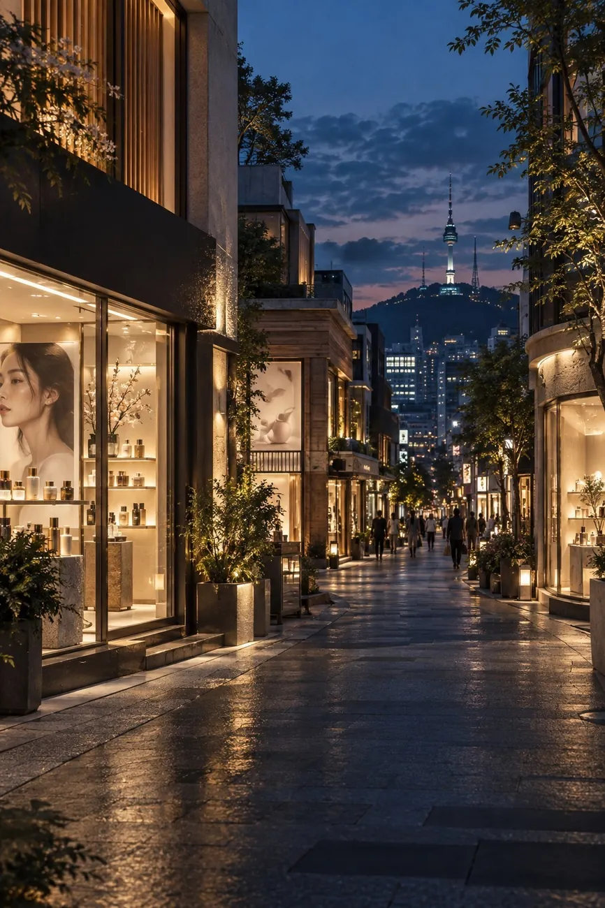 A beauty retail street in Seoul at dusk, with N Seoul Tower in the distance — where Cross Pacific Brands follows K-beauty trends on the ground